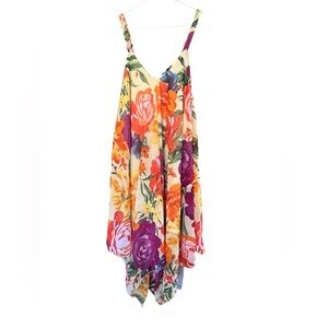 Mlle Gabrielle Boho Bright Floral Handkerchief Hem Dress Plus 3X lightweight